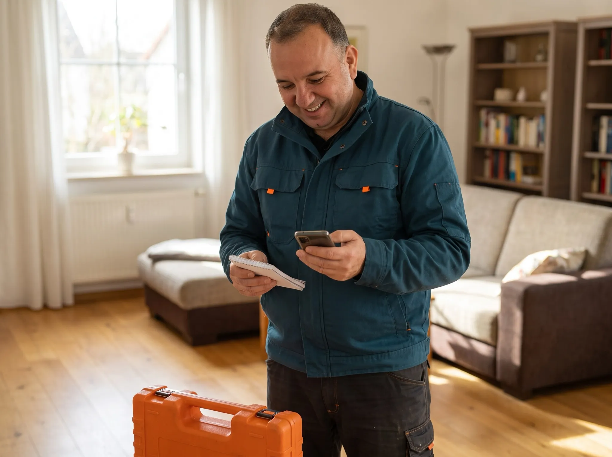 Elvis Agovic sieht sich in einer Wohnung Fotos auf dem Smartphone an und macht Notizen