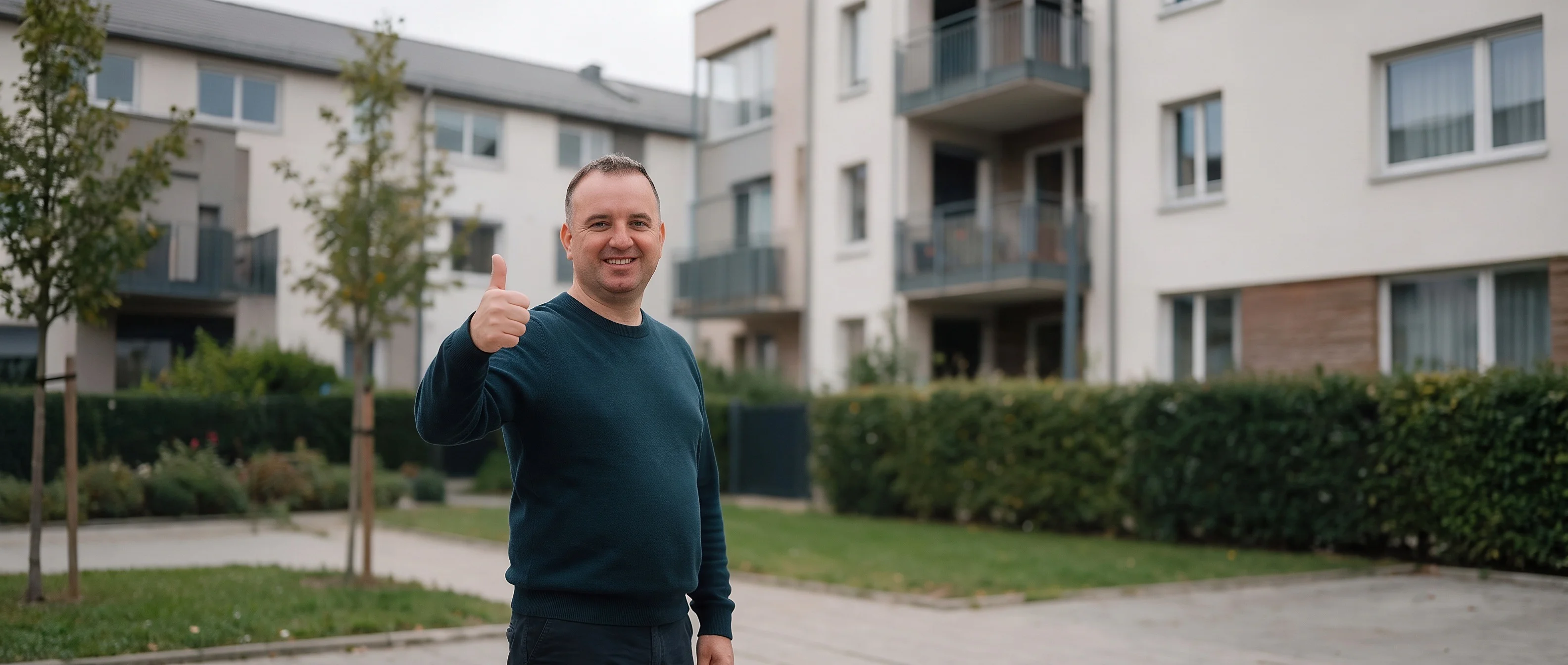 Elvis Agovic steht vor einem gepflegten Wohnhaus und hebt freundlich den Daumen