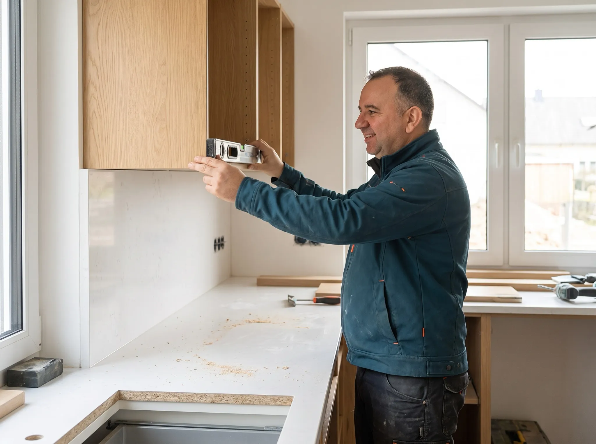 Elvis Agovic richtet in einer neuen Küche einen Oberschrank mit der Wasserwaage aus